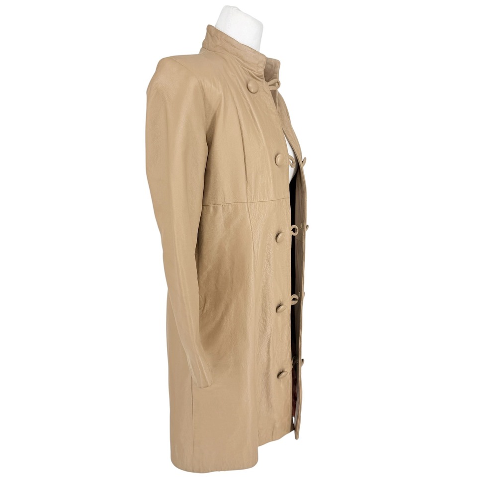 Wilsons Vintage 70s Tan Leather Mid-Length Coat Size S Mandarin Collar Button - Picture 6 of 7